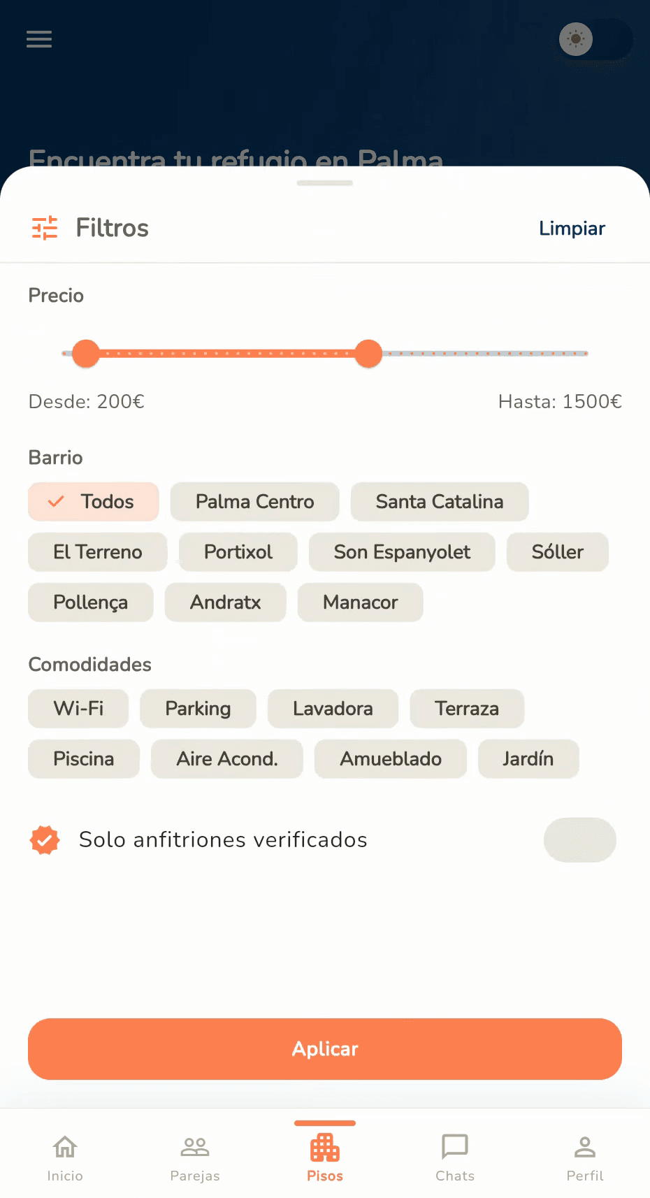 Filtros de habitaciones por precio, barrio y comodidades en Ca Nostra